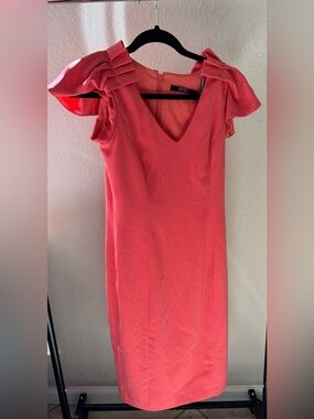 Badgley Mischka Women's Peach/Orange Short Ruffle Sleeve Knee Length Dress